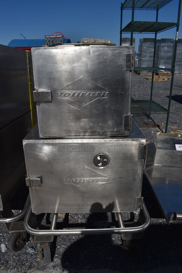 ALL ONE MONEY! Lot of 2 Vollrath Stainless Steel Catering Food Boxes on Metal Cart w/ Commercial Casters. 22x30x16, 24x36x12