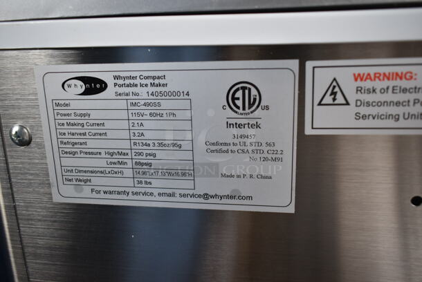 BRAND NEW SCRATCH AND DENT! Whynter IMC-490SS Portable 49lb Freestanding Stainless Steel Ice Maker. 115 Volts, 1 Phase. Tested and Working! - Image 5 of 5