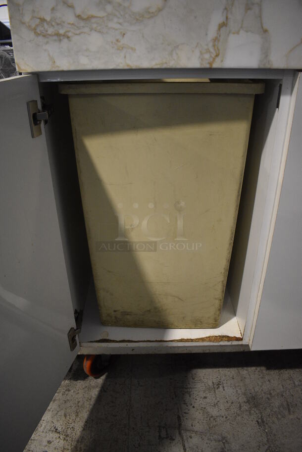 White Cabinet w/ Stone Countertop, 2 Trash Deposit Holes, 3 Doors and 2 Trash Cans on Commercial Casters. 60x30x42 - Image 7 of 7