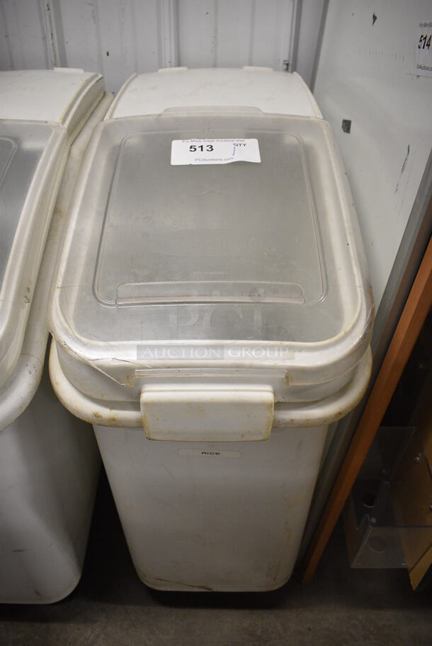 White Poly Ingredient Bin w/ Clear Lid on Commercial Casters. 13x30x29