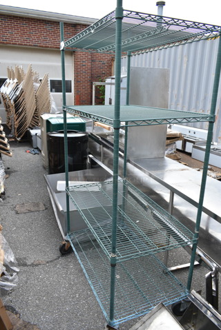 Green Finish 4 Tier Wire Shelving Unit on Commercial Casters. Missing 1 Caster. BUYER MUST DISMANTLE. PCI CANNOT DISMANTLE FOR SHIPPING. PLEASE CONSIDER FREIGHT CHARGES.