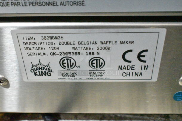 BRAND NEW SCRATCH AND DENT! 2023 Carnival King 382WBM26 Stainless Steel Non-Stick Double Belgian Waffle Maker with Timers. 120 Volts, 1 Phase. Tested and Working! - Image 8 of 8
