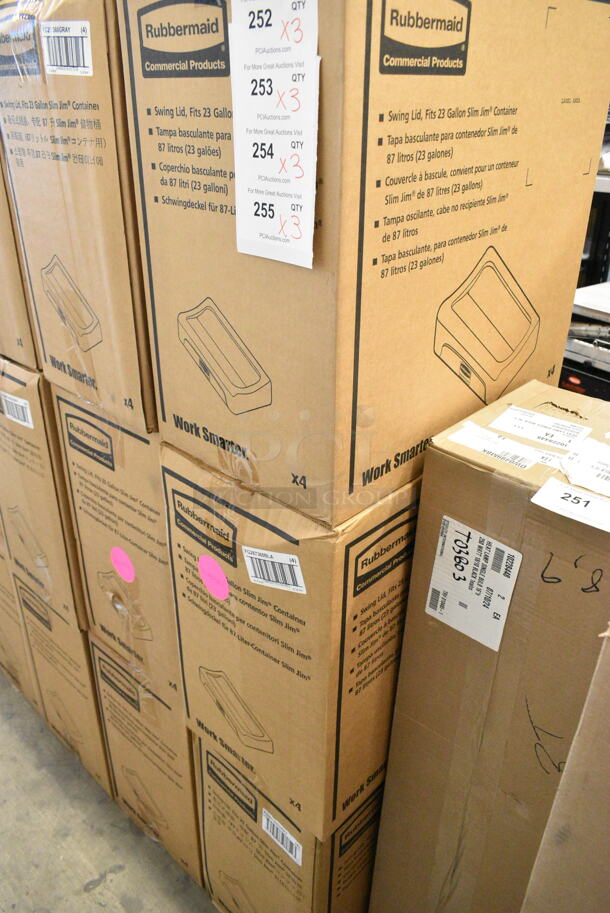 3 Boxes of 4 BRAND NEW SCRATCH AND DENT! Items; 1 Box Rubbermaid FG267360BLA Slim Jim Black Drop Shot Rectangular Trash Can Lid, 2 Box Rubbermaid FG267360GRAY Slim Jim Gray Drop Shot Rectangular Trash Can Lid. 3 Times Your Bid!  - Image 2 of 5