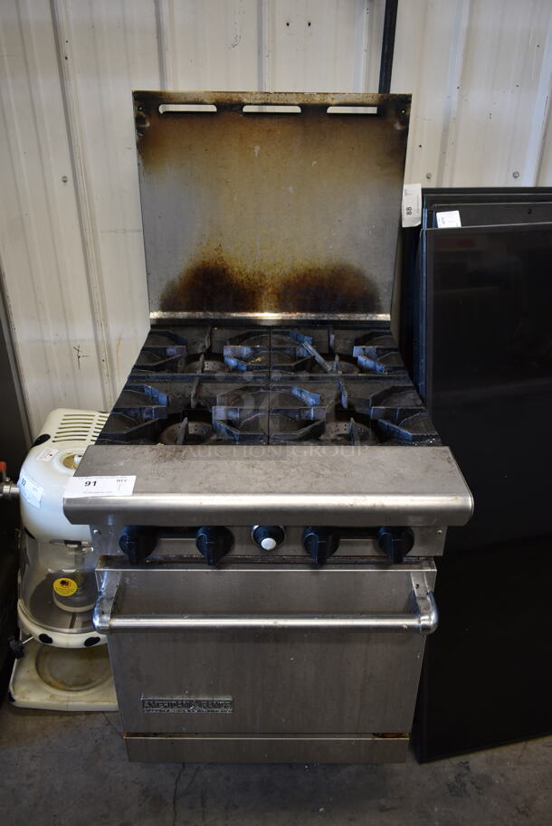 American Range AR-4 Stainless Steel Commercial Natural Gas Powered 4 Burner Range w/ Oven and Back Splash.  - Image 1 of 6