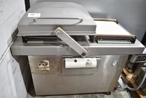 Sipromac 420A Metal Commercial Floor Style Double Chamber Vacuum Sealer on Commercial Casters. 220 Volts, 3 Phase.