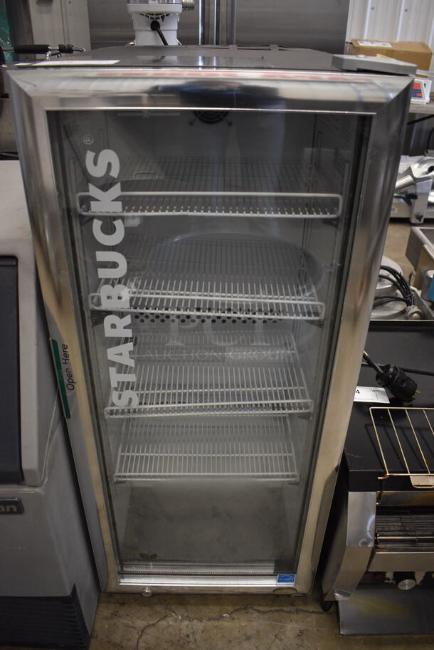 2016 IDW Starbucks Metal Commercial Single Door Reach In Cooler Merchandiser w/ Poly Coated Racks. 115 Volts, 1 Phase. 18x20x42. Tested and Powers On But Does Not Get Cold