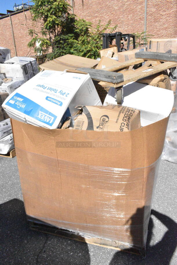15 BRAND NEW Boxes Including 500CC10 Choice 10 oz. Clear PET Plastic Cold Cup - 1000/Case, 5002TP3X496P Lavex Premium 3 1/2" x 4 1/2" Individually Wrapped 2-Ply Standard 500 Sheet Toilet Paper Roll - 96/Case, 182RRF14 Choice 10" x 14" Plastic Food Bag On A Roll - 1000/Case, 500CC05 Choice 5oz Clear PET Plastic Cold Cup, B2305919 Yellow Hazmat Medium Weight Pads, Frymaster Filter Magic. 15 Times Your Bid!  - Image 2 of 12