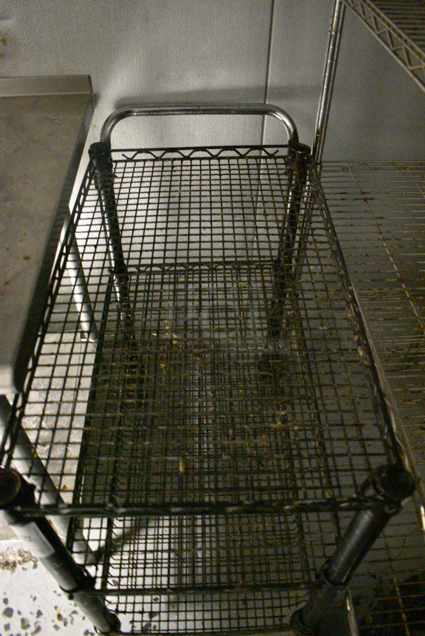 Chrome Finish 3 Tier Wire Cart w/ Push Handle. Missing 1 Caster. 35x18x35. (kitchen) - Image 3 of 4