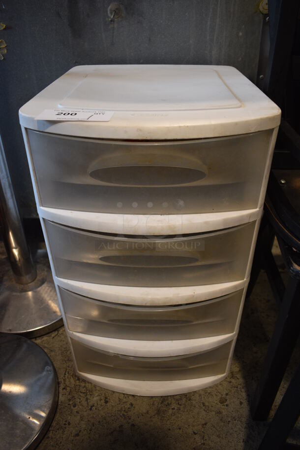 White and Clear Poly 4 Drawer Cabinet w/ Contents. 15x19x24