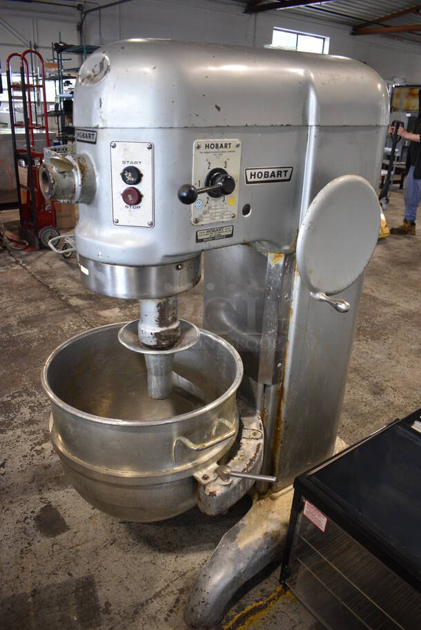 Hobart Model H-600 Metal Commercial Floor Style 60 Quart Planetary Dough Mixer w/ Stainless Steel Mixing Bowl and Dough Hook Attachment. 208 Volts, 3 Phase. 26x39x56