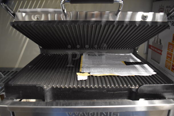 BRAND NEW! Waring Supremo WPG250 Stainless Steel Commercial Countertop Grooved Top & Bottom Panini Sandwich Grill. 120 Volts, 1 Phase. 20x19x9. Tested and Working! - Image 2 of 6