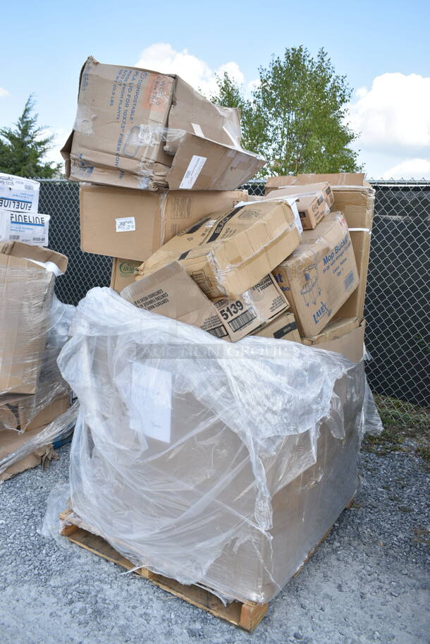 PALLET LOT of 20 BRAND NEW Boxes Including TRL-CS-10 World Centric 36-60 oz. Clear Compostable PLA Lid - 400/Case, 395TO961 EcoChoice 9" x 6" x 3" Compostable Sugarcane / Bagasse 1 Compartment Take-Out Container - 200/Case, B4545-W Elite Global Solutions B4545-W Simplicity 12 oz. White Round Melamine Bowl, 129MCR38B Choice 38 oz. Black Round Microwavable Heavy Weight Container with Lid - 150/Case, Libbey 5139 16 oz Mixing Glass, 274MOPBCKTYE Lavex 35 Qt. Yellow Mop Bucket & Side Press Wringer Combo, 433NHT101 Choice 1/6 Standard Size White "Thank You" Standard-Duty Plastic T-Shirt Bag - 700/Case, Dart Conex 20SL Translucent Lid with Straw Slot, Mompush Lithe V2 T3500M, 712B554B Speed Rail, Dart 10CPWCR Concorde 10 1/4" 3 Compartment White Non-Laminated Round Foam Plate, 395TO961 EcoChoice 9" x 6" x 3" Compostable Sugarcane / Bagasse 1 Compartment Take-Out Container - 200/Case. 20 Times Your Bid!  - Image 1 of 12