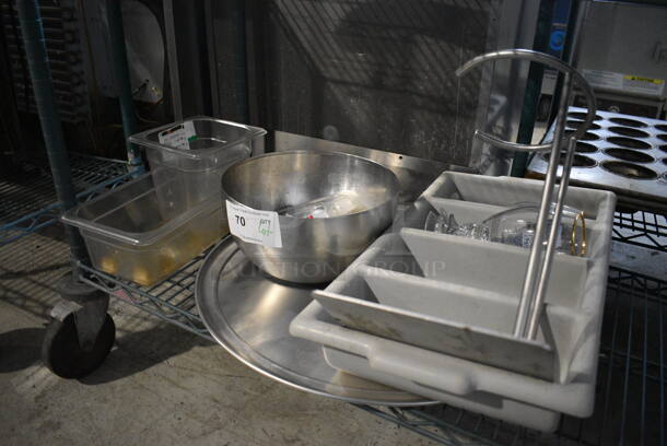 ALL ONE MONEY! Lot of Various Items Including Metal Bowl, Gray Silverware Caddy, Drop In Bins and Round Baking Pan!