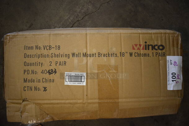 ALL ONE MONEY! Lot of 20 BRAND NEW IN BOX! Winco Chrome Finish Shelving Wall Mount Brackets. 20x3x8 - Image 3 of 3