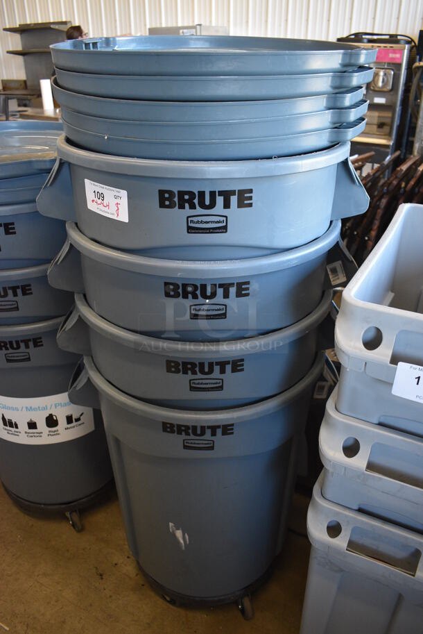 4 Rubbermaid Brute Gray Poly Trash Cans w/ 5 Lids and 4 Trash Can Dollies. 26x22x33. 4 Times Your Bid!