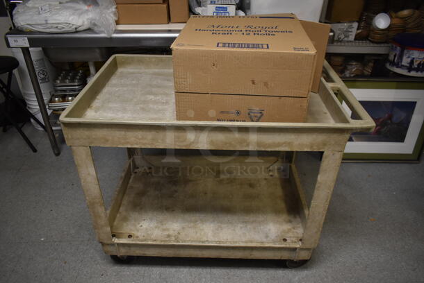 Tan Poly 2 Tier Cart on Commercial Casters. (dish room)