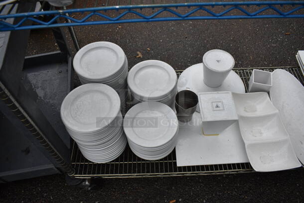 ALL ONE MONEY! Lot of 4 Tiers of Various Smallwares Including White Ceramic Dishes, 3 Tier Stand. Does Not Include Shelving Unit - Image 7 of 8