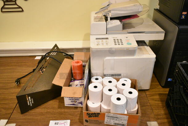 3 Wood Pattern Table w/ Contents Including Printer, Receipt Printer Rolls, POS Monitors, Bug Zapper. 3 Times Your Bid! (main dining room) - Image 4 of 4