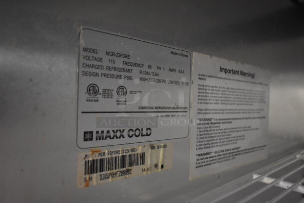 Maxx Cold MCR-23FDRE Stainless Steel Commercial Single Door Reach In Cooler w/ Poly Coated Racks on Commercial Casters. Missing 1 Caster. 115 Volts, 1 Phase. Tested and Working! - Image 6 of 7