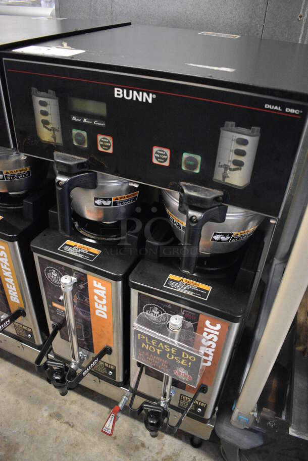 2012 Bunn Model DUAL SH DBC Stainless Steel Commercial Countertop Dual Coffee Machine w/ Hot Water Dispenser, 2 Stainless Steel Brew Baskets and 2 Bunn Model SH SERVER Satellite Servers. 120/208-240 Volts, 1 Phase. 18x24x36. Tested and Working! - Image 3 of 5