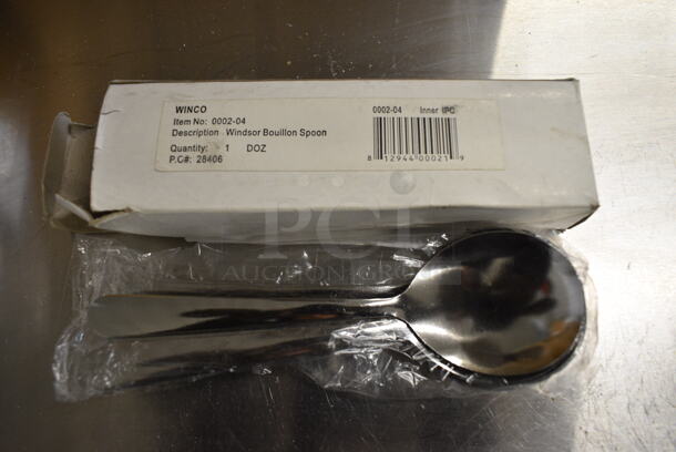 12 BRAND NEW IN BOX! Winco 0002-04 Stainless Steel Windsor Bouillon Spoons. 6
