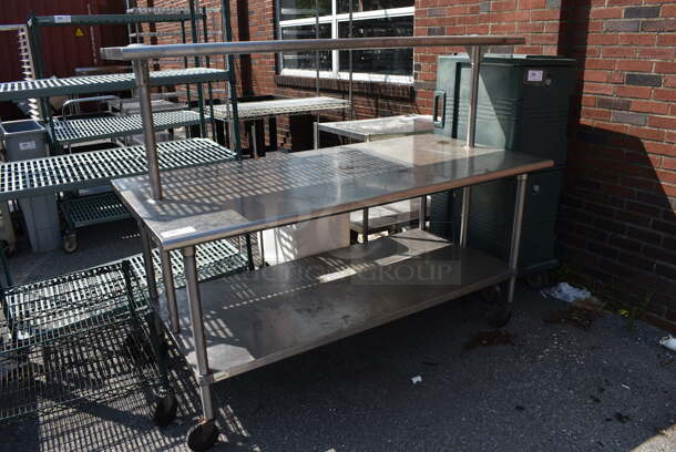 Stainless Steel Commercial Table w/ Under Shelf and Over Shelf on Commercial Casters. 72x36x57.5
