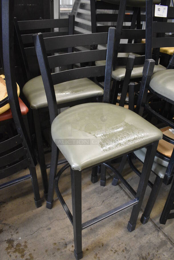 2 Black Metal Bar Height Chairs w/ Green Seat Cushions. 17x18x44. 2 Times Your Bid! - Image 3 of 3