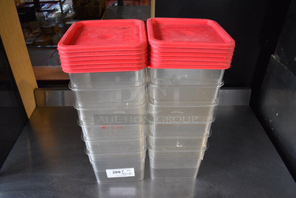 ALL ONE MONEY! Lot of 12 Cambro Clear Poly Bins w/ 12 Red Lids. 9x9x9
