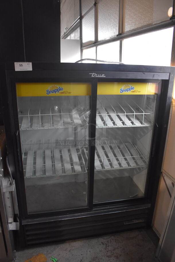 2017 True GDM-418L-60-HC-LD Commercial Snapple 2 Sliding Door Reach In Cooler In Black With Polycoated Racks. 115V/1 Phase. Tested And Working