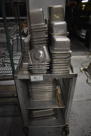 Epco Metal Commercial Pan Transport Rack w/ Various Stainless Steel Drop In Bins Including 1/6x4, 1/6x6, 1/9x4, 1/3x6, 1/2x4. 21x27x36. BUYER MUST REMOVE. (kitchen)