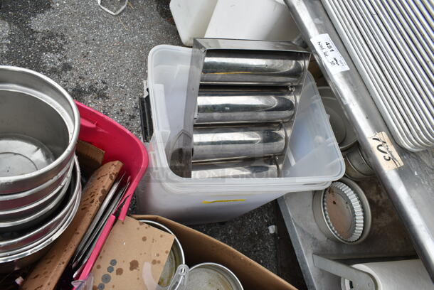 ALL ONE MONEY! Lot of Stainless Steel Table, Metal Full Size Baking Pans, Stainless Steel Cylindrical Bins, Round Baking Pans.  - Image 3 of 5