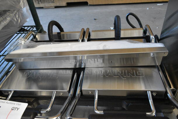 BRAND NEW SCRATCH AND DENT! 2024 Waring WFG300 Stainless Steel Commercial Tostato Ottimo Smooth Top & Bottom Dual Panini Sandwich Grill - 17" x 9 1/4" Cooking Surface. 240 Volts, 1 Phase.  - Image 6 of 9