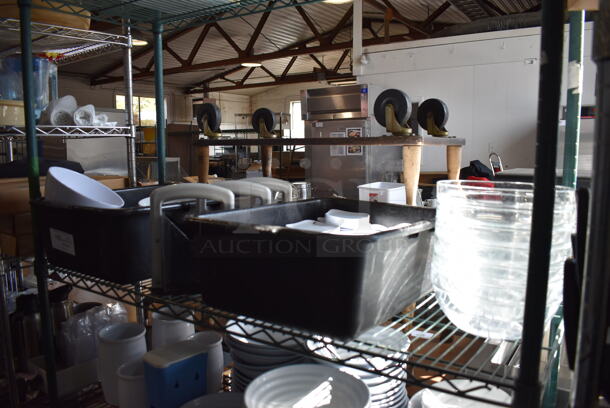 ALL ONE MONEY! Lot of Green Finish 4 Tier Shelving Unit on Commercial Casters w/ Contents Including 3 Bagel Cutters, Poly Bowls, Poly Trays, Ceramic Vases, Ceramic Plates. BUYER MUST DISMANTLE. PCI CANNOT DISMANTLE FOR SHIPPING. PLEASE CONSIDER FREIGHT CHARGES. 48x18x80.  - Image 2 of 12