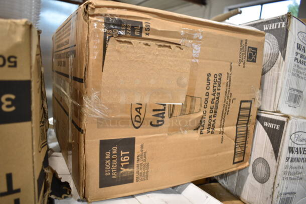 PALLET LOT of 26 BRAND NEW Boxes Including 61260507 Choice Full Size Foil Steam Table Pan Deep 3 3/8" Depth - Full Size Deep - 50/Case, 500TW12 Choice 12 oz. Translucent Thin Wall Plastic Cold Cup - 1000/Case, 760SOUP8WPA Choice 8 oz. White Double Poly-Coated Paper Food Cup with Vented Paper Lid - 250/Case, 7 Box 130HBKCUTFW Visions Individually Wrapped Black Heavy Weight Plastic Fork - 1000/Case, 2 Box 500CC20 Choice Clear PET Customizable Plastic Cold Cup - 20 oz. - 600/Case, Dart Y16T Conex Galaxy 16 oz. Translucent Tall Plastic Cold Cup - 1000/Case, 2 Box 612527L Choice 7" Round Foil-Laminated Board Lid - 500/Case, Dart 85HT1R 8" x 8" x 3" White Foam Square Take Out Container with Perforated Hinged Lid - 200/Case. 26 Times Your Bid! - Image 8 of 12