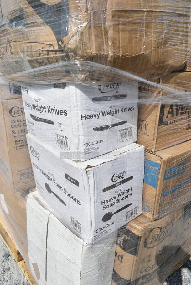 PALLET LOT of 35 BRAND NEW Boxes Including 130BKKNIFEH Choice Black Heavy Weight Plastic Knife - 1000/Case, 130BKSSPOONH Choice Black Heavy Weight Plastic Soup Spoon - 1000/Case, 500CC20 Choice Clear PET Customizable Plastic Cold Cup - 20 oz. - 600/Case, 128HD12COMBO ChoiceHD 12 oz. Microwavable Translucent Plastic Deli Container and Lid Combo Pack - 240/Case, 2 Box Choice 1.5 oz Portion Cups, 500CC24 Choice Clear PET Customizable Plastic Cold Cup - 24 oz. - 600/Case, 2 box 129MCS28B Choice 28 oz. Black Rectangular Microwavable Heavy Weight Container with Lid 8 3/4" x 6 1/4" x 1 3/4" - 150/Case, 5002TP3X496P Lavex Premium 3 1/2" x 4 1/2" Individually Wrapped 2-Ply Standard 500 Sheet Toilet Paper Roll - 96/Case, 612527L Choice 7" Round Foil-Laminated Board Lid - 500/Case, 500TW16S Choice 16 oz. Translucent Thin Wall Squat Plastic Cold Cup - 1000/Case, 130TRAY16 Visions Black PET Plastic 16" Thermoform Catering / Deli Tray - 25/Case, 500CC9 Choice 9 oz. Clear PET Customizable Plastic Squat Cold Cup - 1000/Case, 2 Box 5001RT800N Lavex 8" Natural Kraft Hardwound Paper Towel, 800 Feet / Roll - 6/Case, 164VYCHAIRBK Lancaster Table & Seating Vineyard Series Smokey Black Outdoor Cross Back Chair. 35 Times Your Bid!  - Image 2 of 12