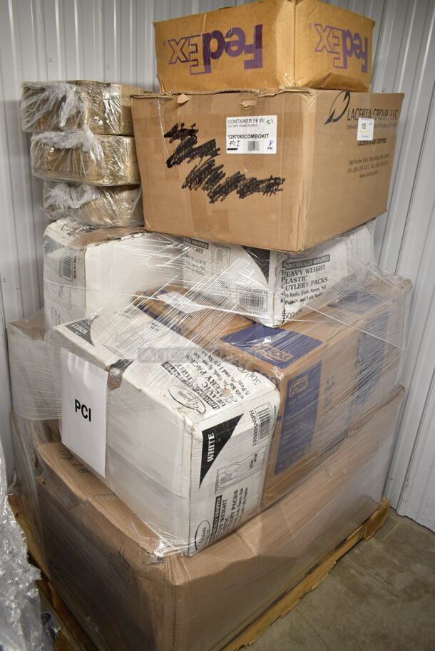 PALLET LOT of 15 BRAND NEW Boxes Including 1287080COMBOKIT 2.7 Qt. Translucent Round Deli Container and Lid Combo Pack - 10/Pack, 2 Box 130WKFSNSPH Visions Individually Wrapped Heavy Weight White Plastic Cutlery Pack with Napkin and Salt and Pepper Packets - 500/Case, Tork Bath Tissue Roll. 15 Times Your Bid! - Image 1 of 8