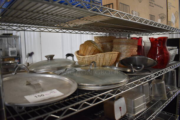ALL ONE MONEY! Tier Lot of Various Items Including Metal Lids, Bread Baskets and Poly Pitcher - Image 1 of 7