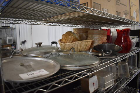 ALL ONE MONEY! Tier Lot of Various Items Including Metal Lids, Bread Baskets and Poly Pitcher