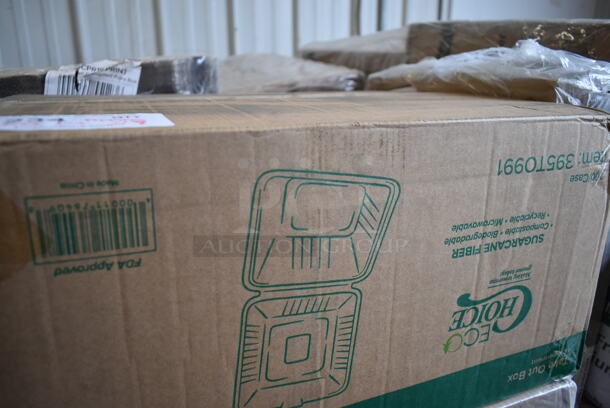 PALLET LOT of 29 BRAND NEW Boxes Including 4 Boxes 394325XL Noble NexGen Powder-Free Disposable Blue Hybrid 3 Mil Thick Gloves - Extra Large - 1000/Case, 2 Box 500MF883W1C Choice 8" x 8" 1-Compartment Microwaveable White Mineral-Filled Plastic Hinged Take-Out Container - 150/Case, LG8R Solo Cup, 500TO993C3 Choice 9" x 9" x 3" Microwaveable 3-Compartment Black / Clear Plastic Hinged Container - 100/Case, 4 Box 129MCR32B Choice 32 oz. Black Round Microwavable Heavy Weight Container with Lid 7 1/4" - 150/Case, 395TO991 EcoChoice 9" x 9" x 3" Compostable Sugarcane / Bagasse 1 Compartment Take-Out Box - 200/Case, 2 Box 5013858 Lavex Li'l Herc 55-60 Gallon 1.2 Mil 38" x 58" Low Density Medium-Duty Black Trash Bag / Can Liner - 100/Case, 245CPB10 Choice 10" x 10" x 2" Kraft Corrugated Pizza Box - 50/Case, 12" Corrugated White Circles, 50020CAFE Choice 20 oz. Café Print Poly Paper Hot Cup - 600/Case. 29 Times Your Bid!  - Image 11 of 12