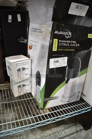 3 BRAND NEW IN BOX! Items; AvaMix Stainless Steel Citrus Juicer and 2 WP-33 Stainless Steel Pitchers. 3 Times Your Bid!