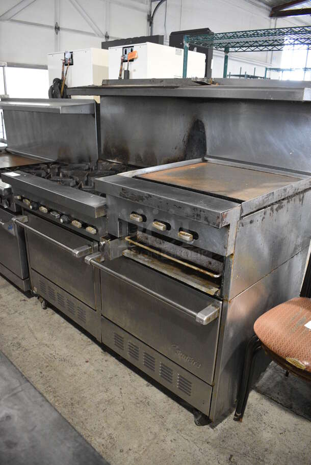 Garland SunFire Stainless Steel Commercial Natural Gas Powered 6 Burner Range w/ Flat Top Griddle, 2 Ovens, Over Shelf and Back Splash on Commercial Casters. 61x33x60