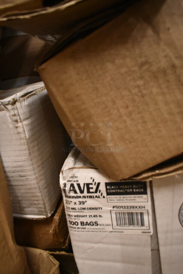 PALLET LOT of 30 BRAND NEW Boxes Including 600TWMS1648 16" x 48" Stainless Steel Tubular Wall Mounted Shelf, 500CC9 Choice 9 oz. Clear PET Customizable Plastic Squat Cold Cup - 1000/Case, 500TO883 Choice 8" x 8" x 3" Microwaveable 1-Compartment Black / Clear Plastic Hinged Container - 100/Case, CHoice 12 oz Deli Container, 12 oz Foam Bowls, 5013339XXH Lavex Pro 33 Gallon 2.5 Mil 33" x 39" Low Density Heavy-Duty Industrial Contractor Black Trash Bag Can Liner - 100/Case, 395RP09 EcoChoice Compostable Sugarcane / Bagasse 9" Plate - 500/Case, 127CH32F Choice 32 oz. Clear RPET Tall Hinged Deli Container with Domed Lid - 200/Case, Choice 8 Quart Full Size Folding Chafer. 30 Times Your Bid! - Image 6 of 12