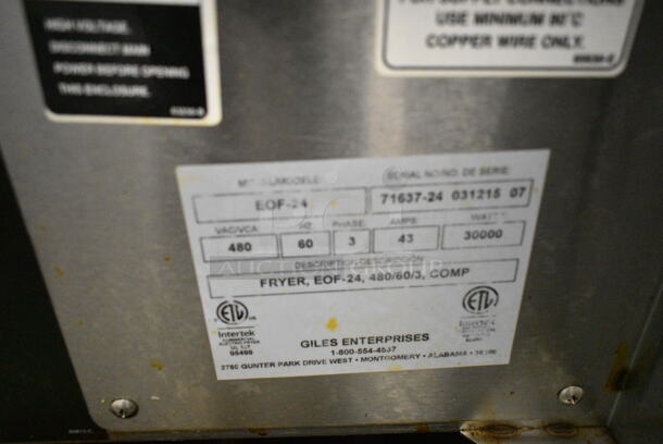 Giles EOF-24 Stainless Steel Commercial Electric Powered 3 Bay Fryer w/ Giles EOF-BIB Dumping Station and 4 Metal Fry Baskets. 480 Volts, 3 Phase. - Image 10 of 12