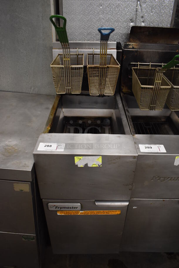 2014 Frymaster GF40SD Stainless Steel Commercial Floor Style Natural Gas Powered Deep Fat Fryer w/ 2 Metal Fry Baskets on Commercial Casters. 122,000 BTU. 15.5x30x54