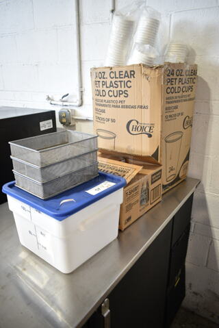 ALL ONE MONEY! Lot of Box of Choice 24 oz Cups, T Shirt Bags, Gray Mesh Bins and White 12 Quart Bin.