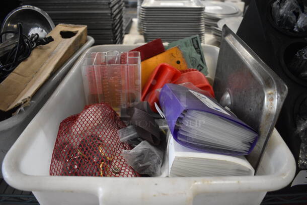 ALL ONE MONEY! Lot of Various Items Including Soda Machine Nozzles and Index Card Holders in Poly Bus Bin