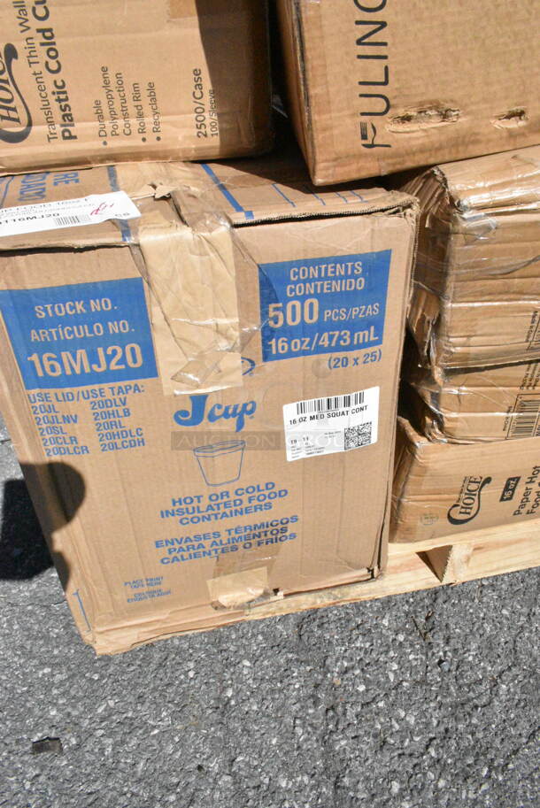 20 BRAND NEW Boxes Including 130SCB048DL Visions Clear PET Plastic Dome Lid for 24, 32, and 48 oz. Square Bowls - 300/Case, Herc 5014347M15 Lavex Li'l Herc 56 Gallon 1.5 Mil 43" x 47" Low Density Medium-Duty Black Can Liner / Trash Bag - 100/Case, 5001RT350N Lavex Natural Kraft Hardwound Paper Towel, 350 Feet / Roll - 12/Case, 3 Box 395RP09 EcoChoice Compostable Sugarcane / Bagasse 9" Plate - 500/Case, 433NHT101 Choice 1/6 Standard Size White "Thank You" Medium-Duty Plastic T-Shirt Bag - 1000/Case, 3 Box 760SOUP16WB Choice 16 oz. White Double Poly-Coated Paper Food Cup - 500/Case, Dart 16MJ20 16 oz. Medium Squat White Customizable Foam Food Container, 500TW5 Choice 5 oz. Translucent Thin Wall Plastic Cold Cup - 2500/Case. 20 Times Your Bid!  - Image 12 of 12