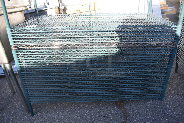 ALL ONE MONEY! Lot of 17 Green Finish Wire Shelves and 4 Poles. 48x24x1.5, 75 - Image 3 of 3