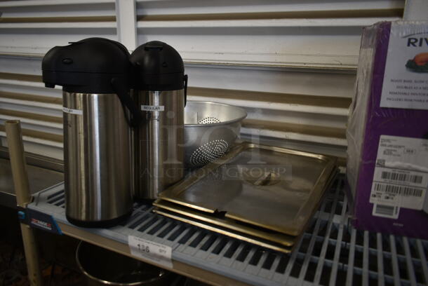 ALL ONE MONEY! Lot of 3 Air Pots, Metal Colander and 3 Stainless Steel Drop In Lids - Image 2 of 3