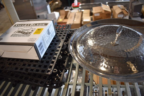 ALL ONE MONEY! Lot of Contents of Shelving Unit Including Silverware, Racks, Pump, Glass Dome Cover, Poly Bins. Does Not Include Shelving Unit. - Image 11 of 12